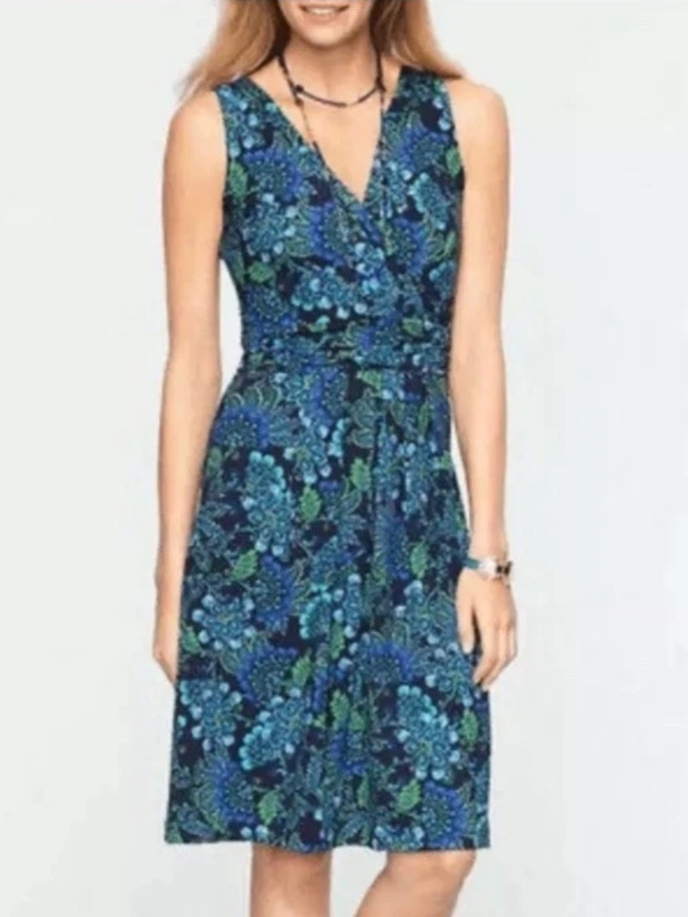 TALBOTS Floral Faux Wrap Dress Surplice Neckline Sleeveless Blue Green Midi Sz 6
